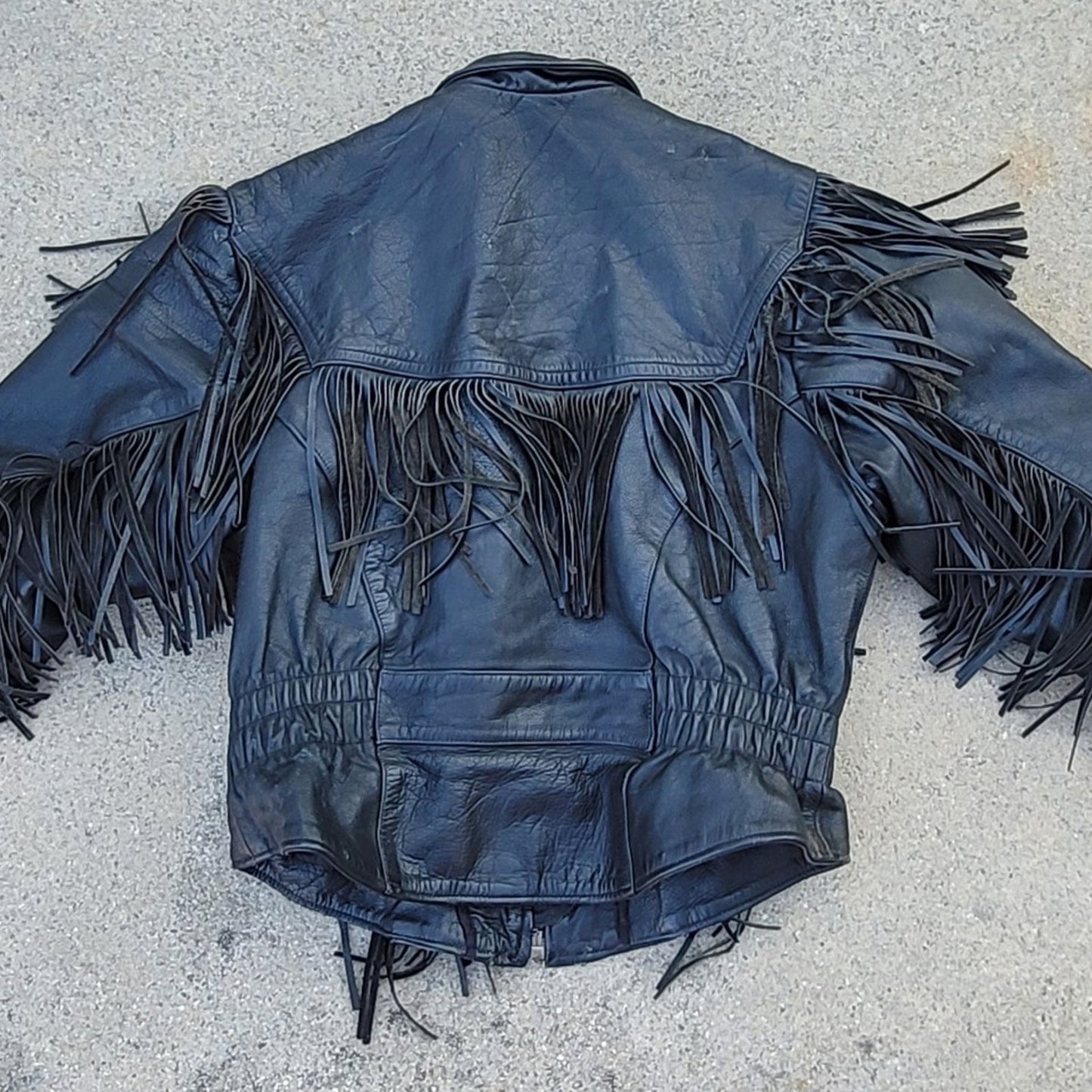 Vtg Unik Fringe Leather Motorcycle Jacket w/ Cinched Waist