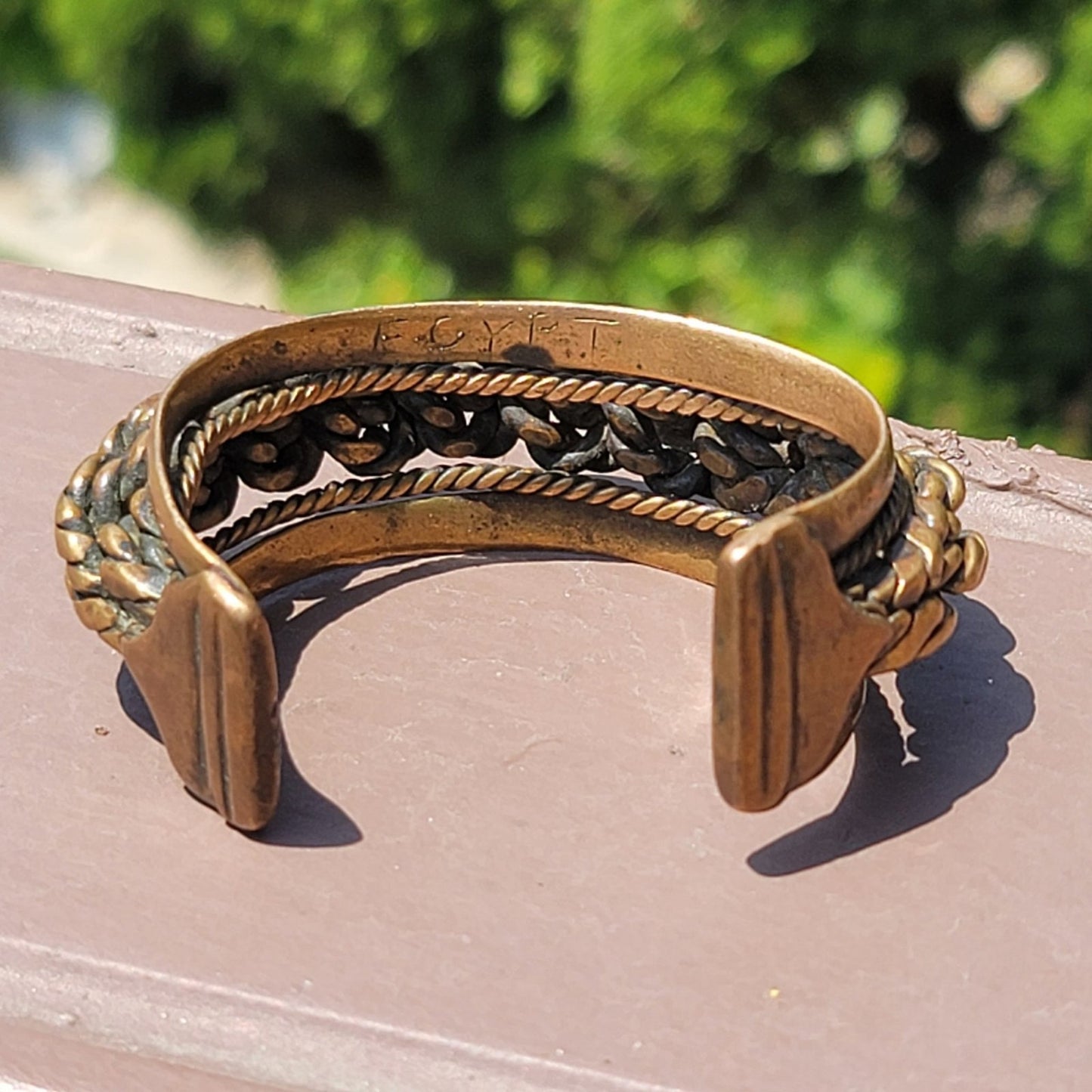 Vtg Egyptian Thick Braided Cuff Brass Bracelet