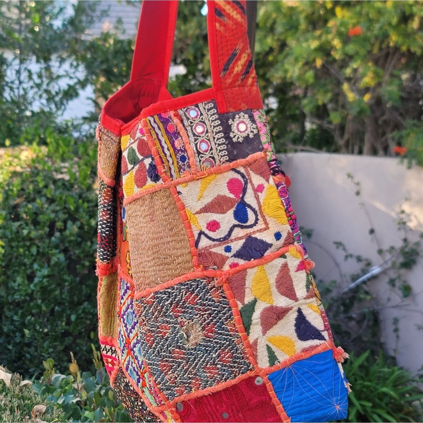 Vtg Handmade Bohemian Patchwork Mirror Work Tassel Embroidered Tote Bag