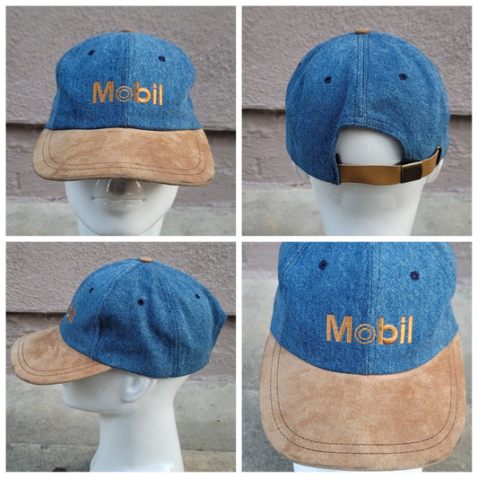 Vtg Mobil Gas Denim Leather Strapback Hat With Suede Bill