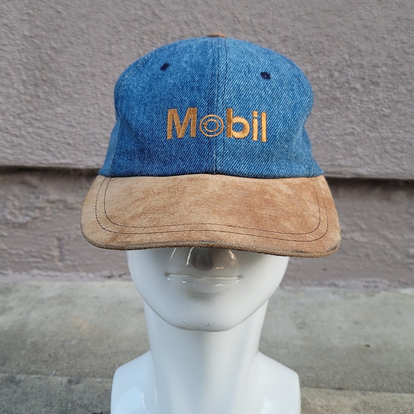 Vtg Mobil Gas Denim Leather Strapback Hat With Suede Bill