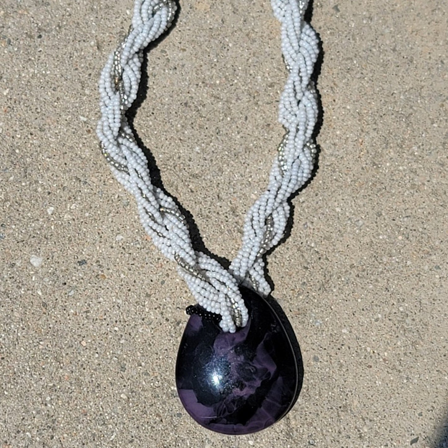 Vtg Beaded Braided Necklace With Pendant