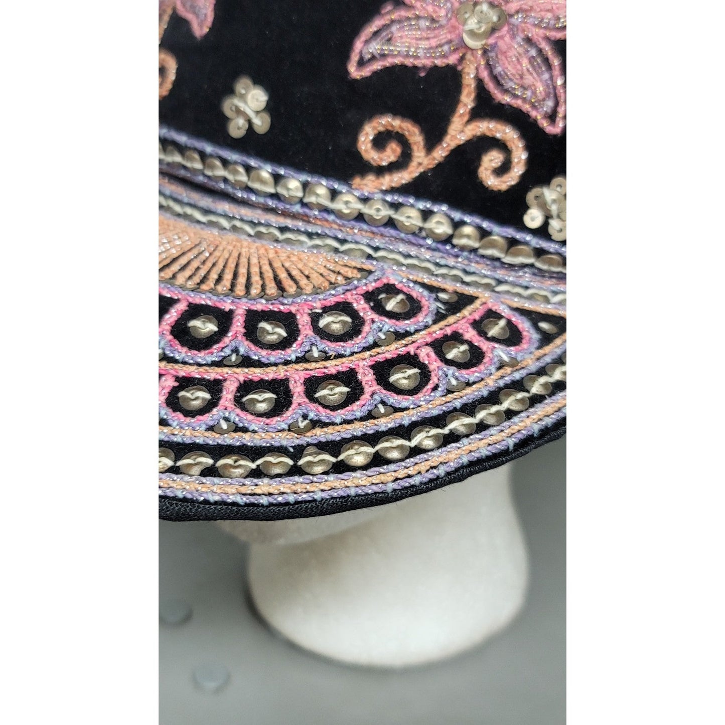 Vtg Burmese Custom Velour Embroidered Hearts Flowers Hat