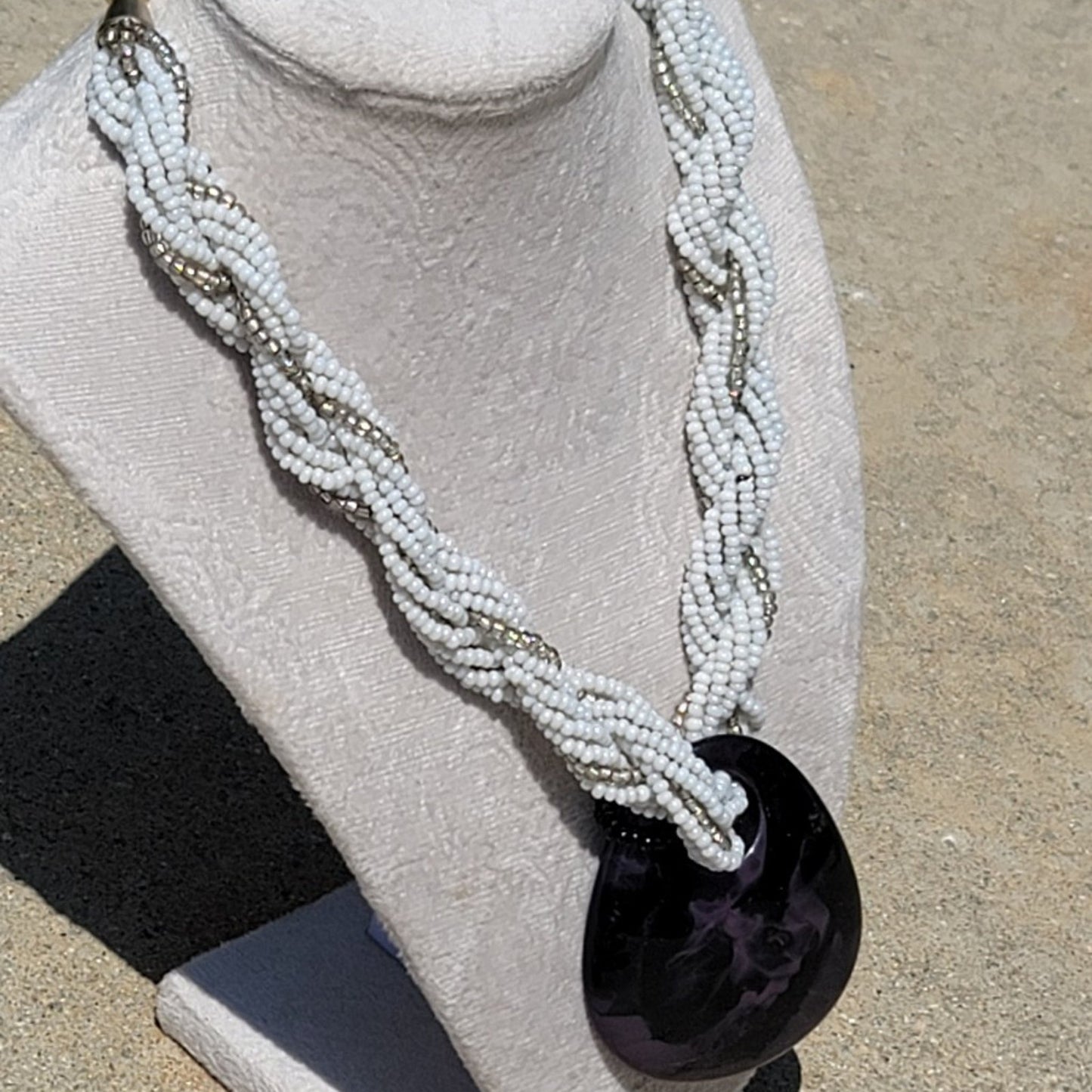 Vtg Beaded Braided Necklace With Pendant