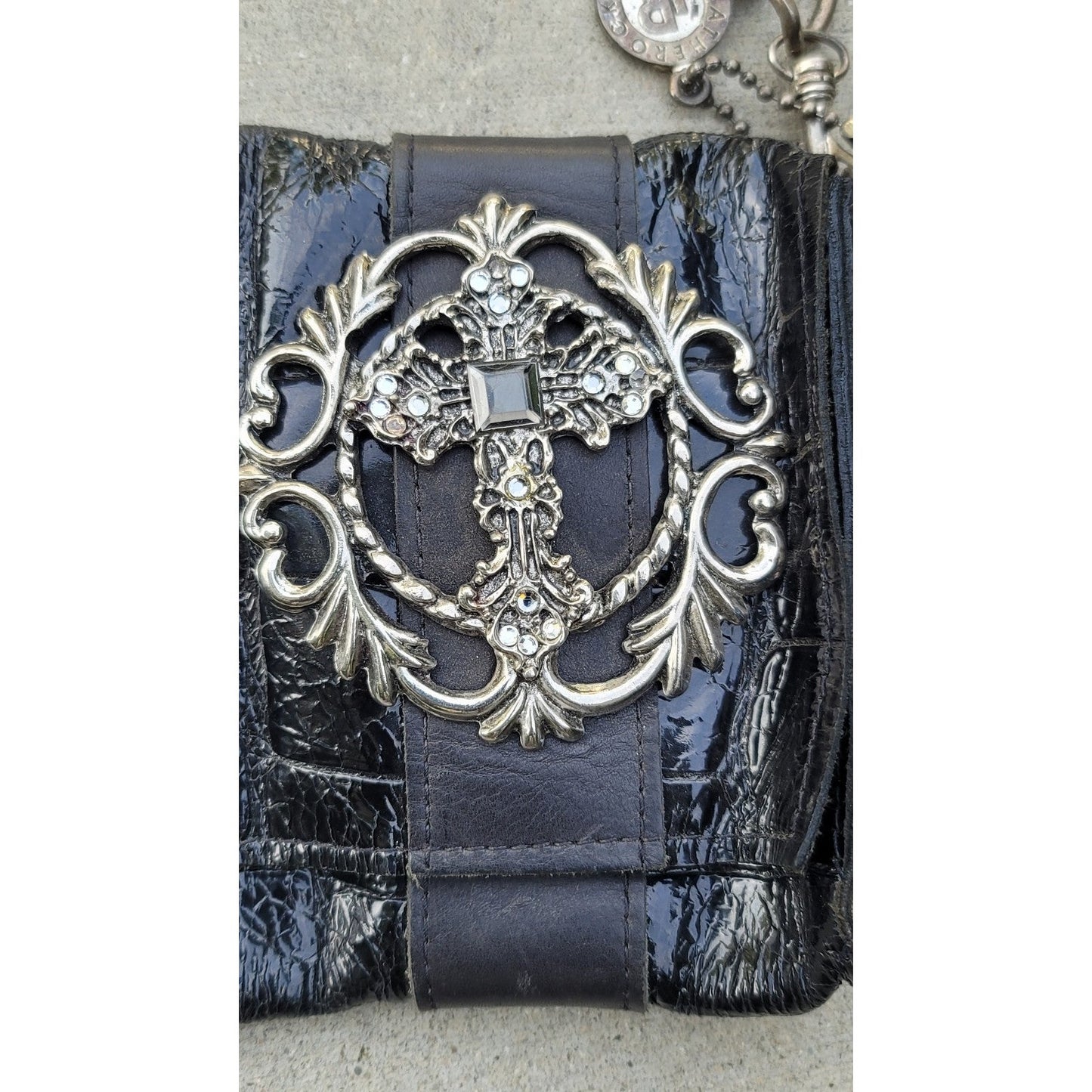 Vtg Leatherock Leather Suede Jeweled Cross Chain Shoulder Bag