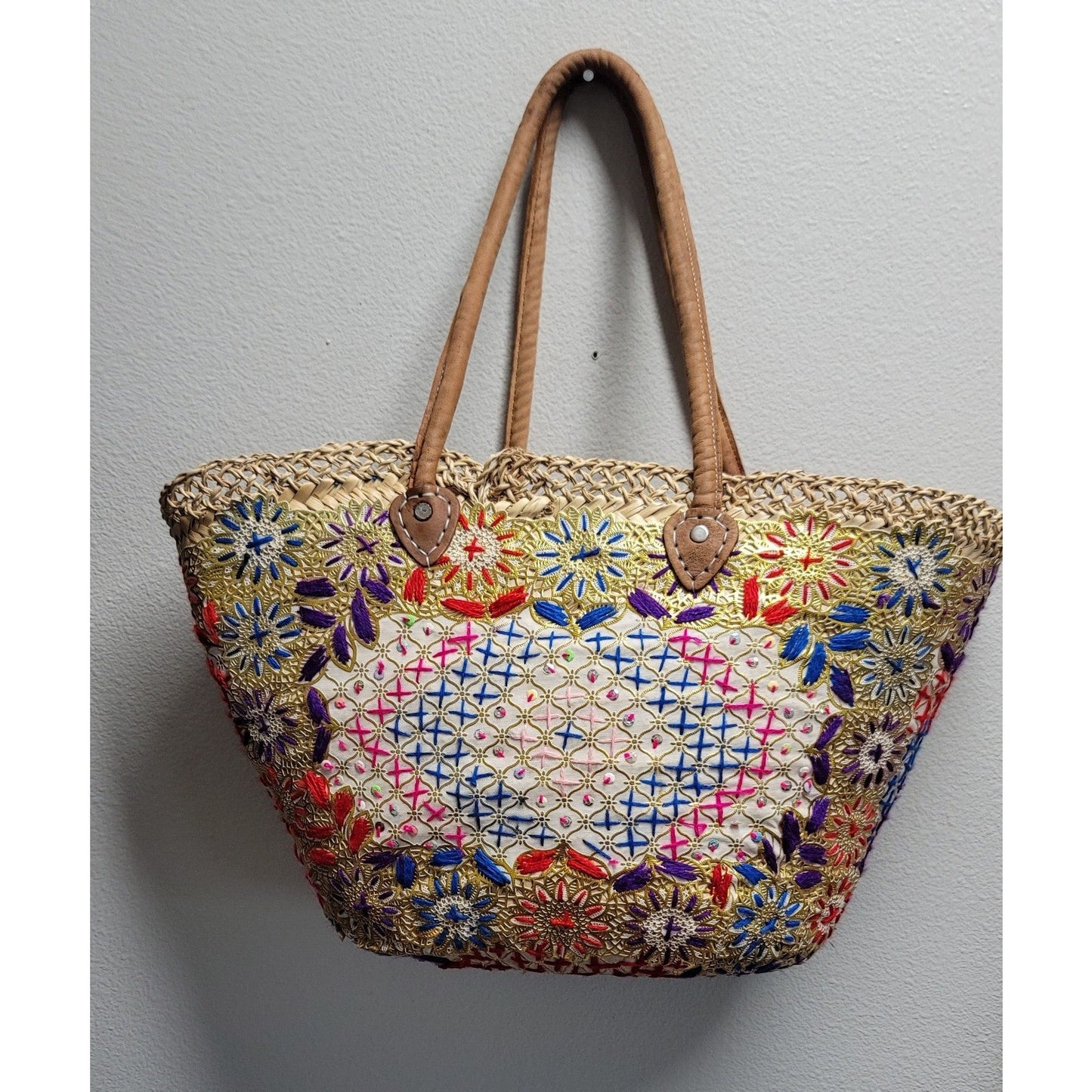 Vtg Straw Hand Woven Large Tote Bag Embroidered