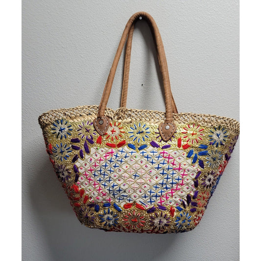 Vtg Straw Hand Woven Large Tote Bag Embroidered