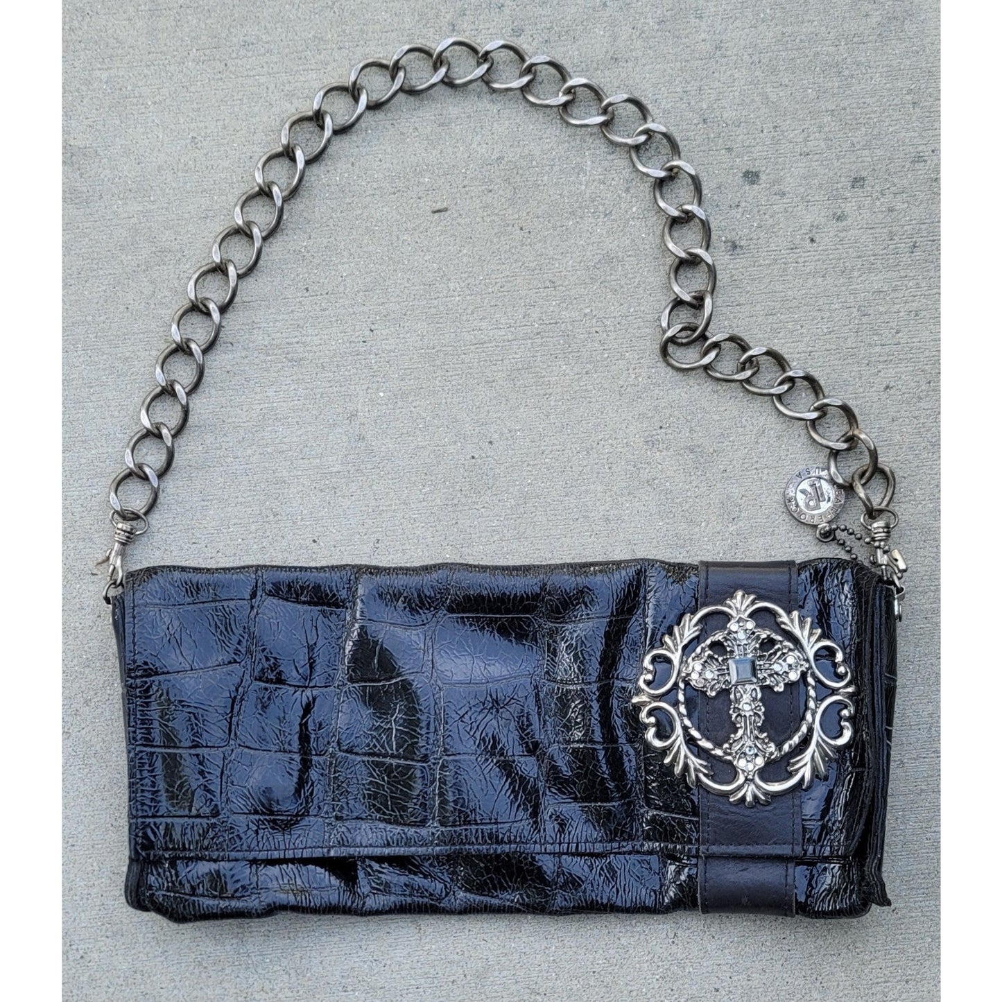 Vtg Leatherock Leather Suede Jeweled Cross Chain Shoulder Bag