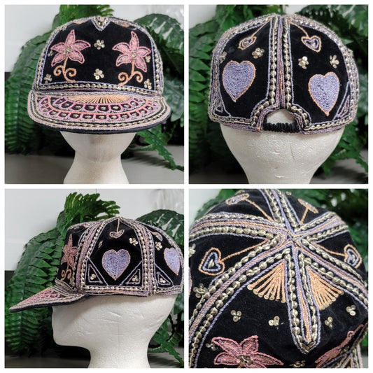 Vtg Burmese Custom Velour Embroidered Hearts Flowers Hat