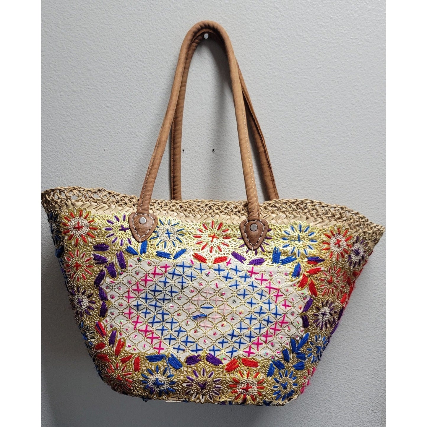 Vtg Straw Hand Woven Large Tote Bag Embroidered