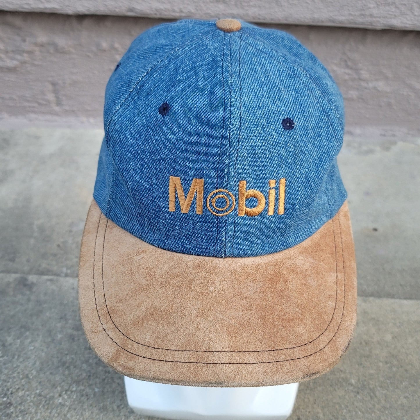 Vtg Mobil Gas Denim Leather Strapback Hat With Suede Bill
