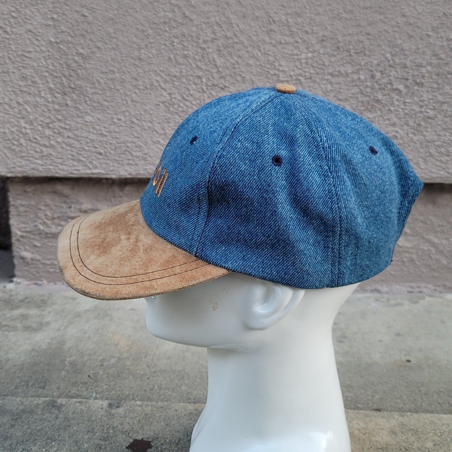 Vtg Mobil Gas Denim Leather Strapback Hat With Suede Bill