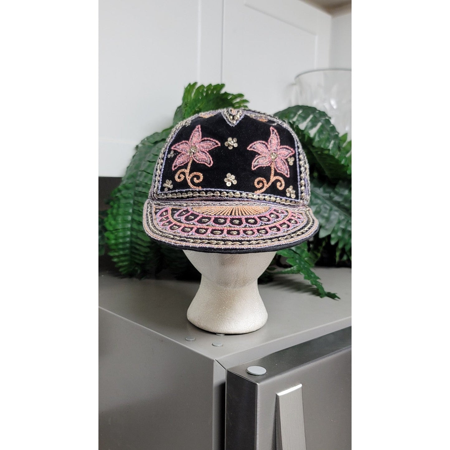 Vtg Burmese Custom Velour Embroidered Hearts Flowers Hat
